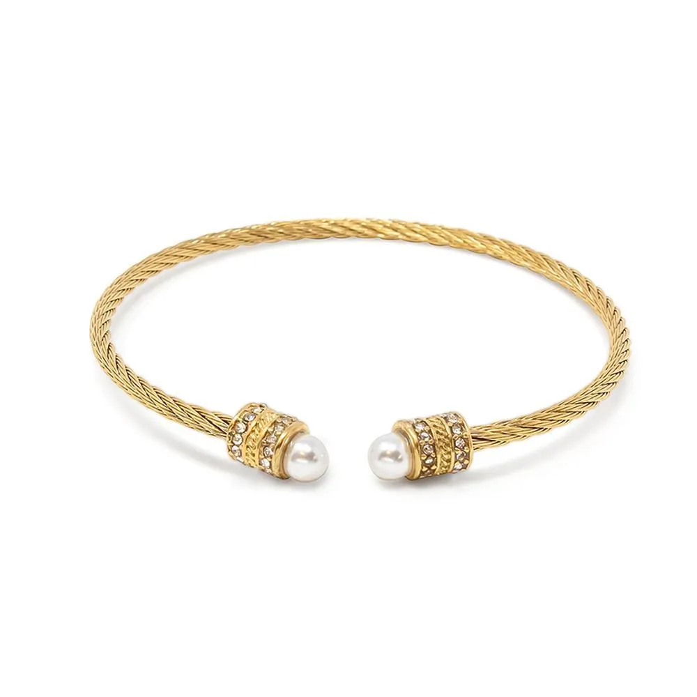 Stainless Steel Cable Bangle Pearl and Crystal Pave Ends Gold Plated