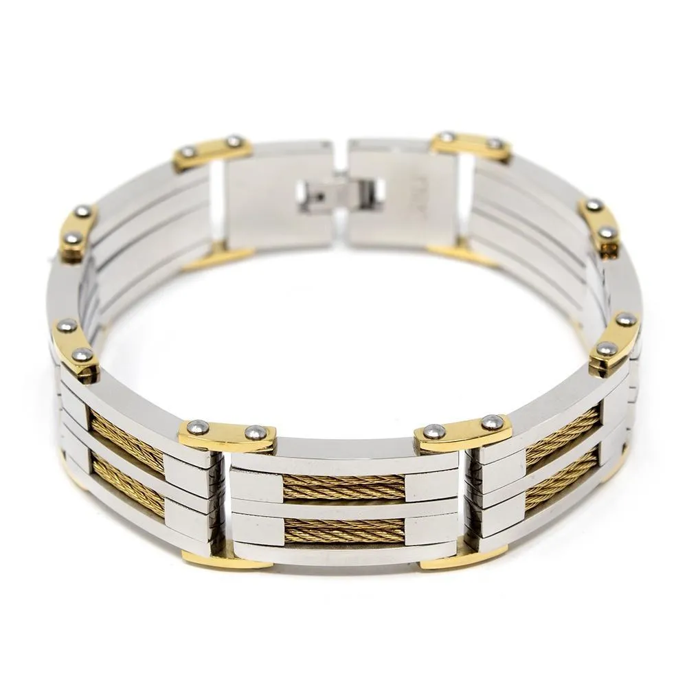 Stainless Steel Gold Cable Inlayed Bracelet