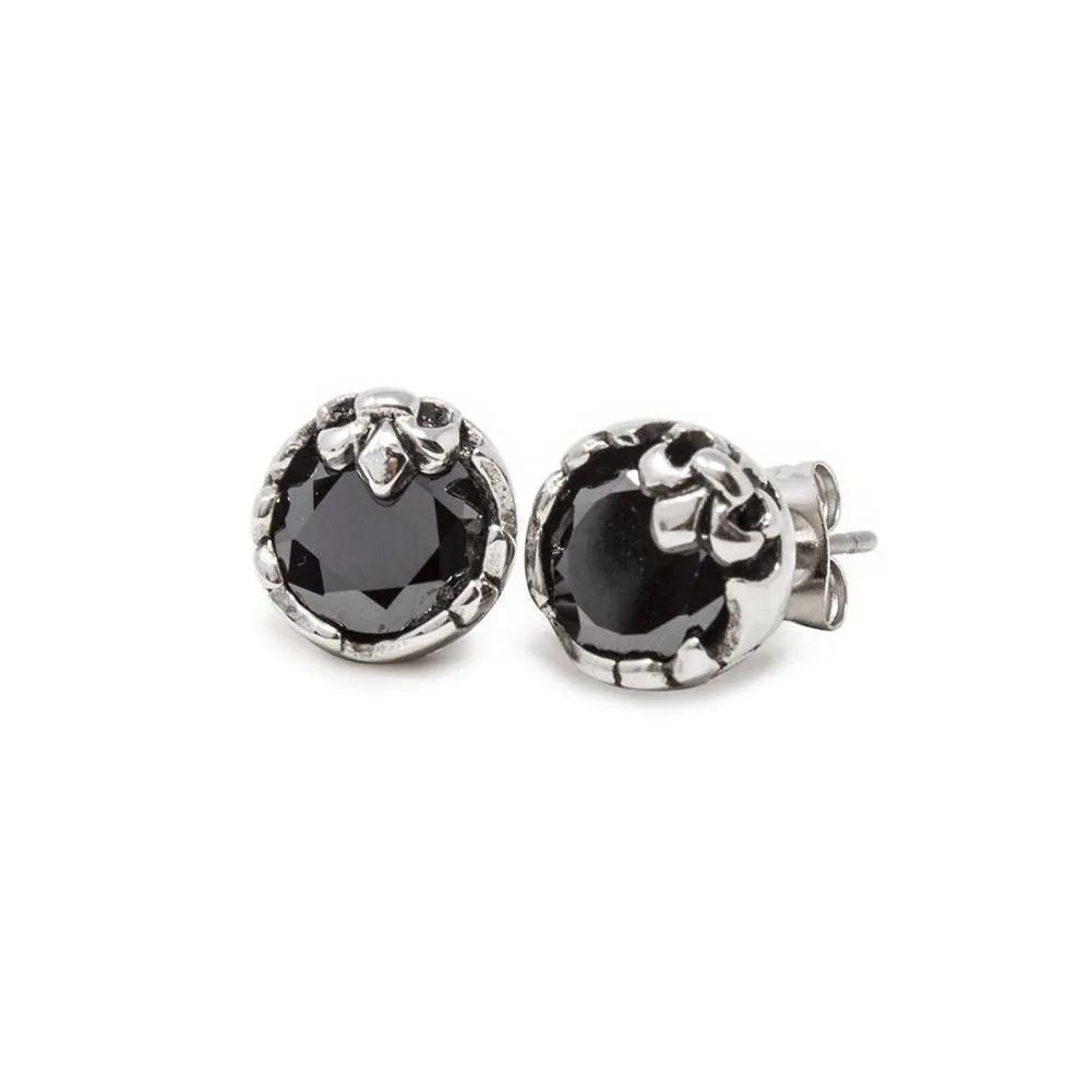 Stainless Steel Men's Fleur de Lis Stud Earrings with Black CZ