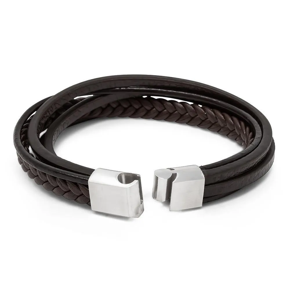 Stainless Steel Multi String Leather Bracelet Brown