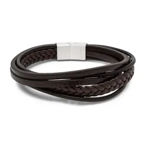 Stainless Steel Multi String Leather Bracelet Brown