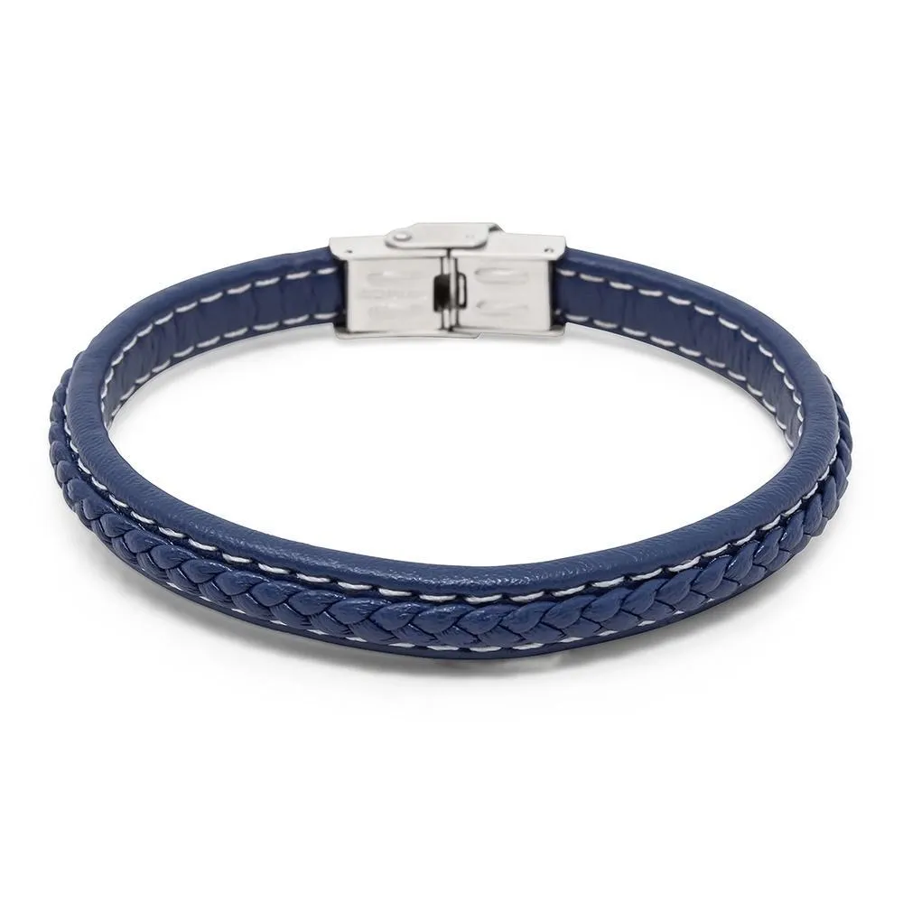 Stainless Steel Small Braided Leather Bracelet Blue