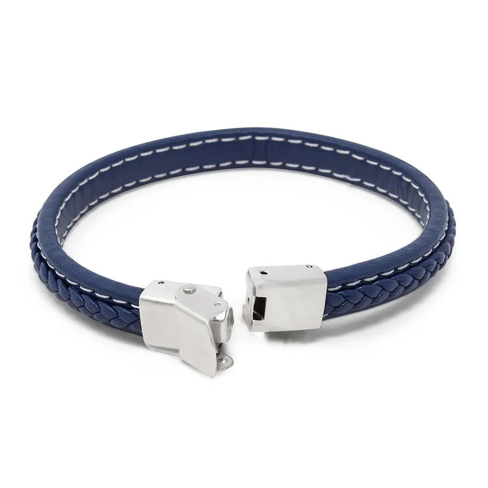 Stainless Steel Small Braided Leather Bracelet Blue