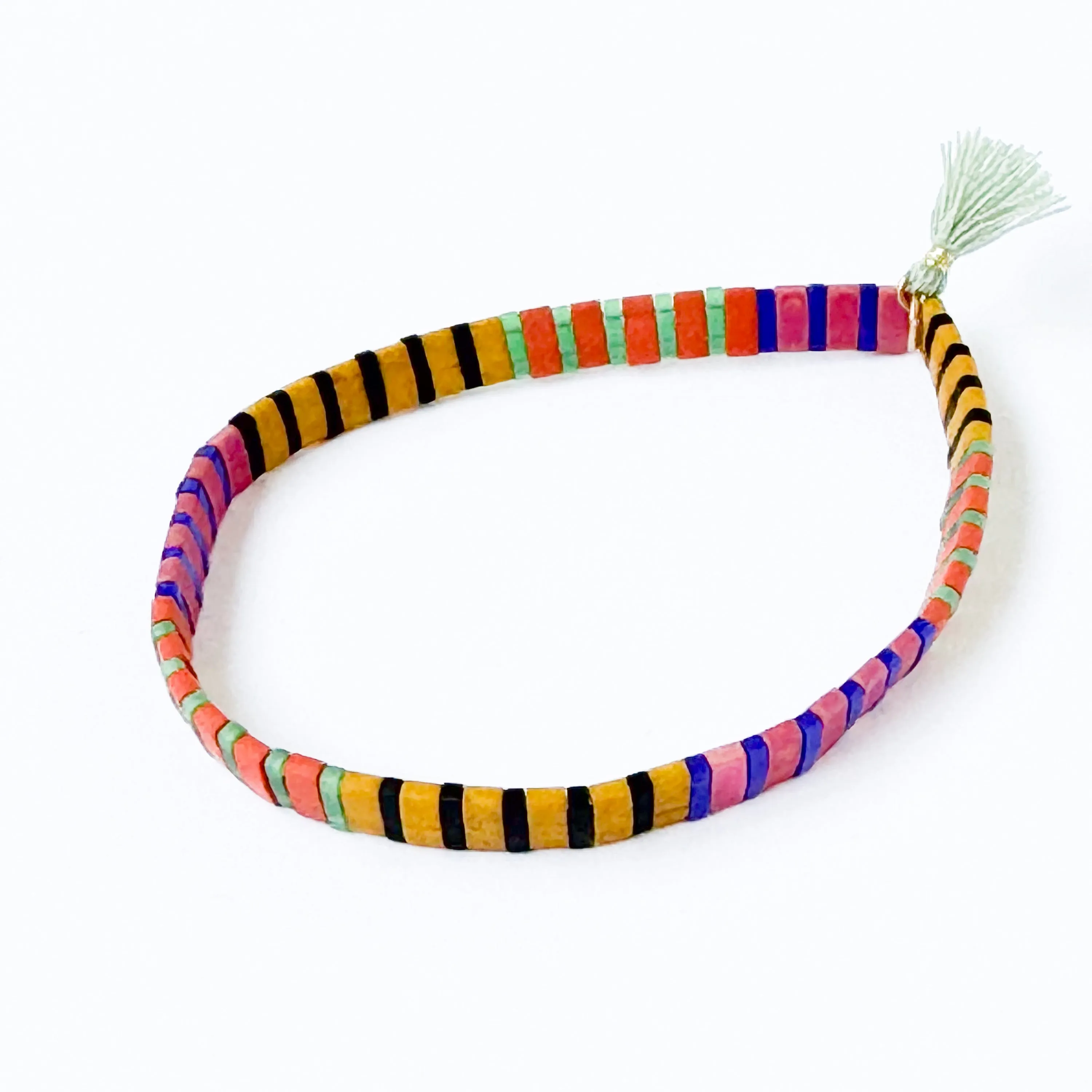 Striped Tile Beaded Bracelets With Black Beads