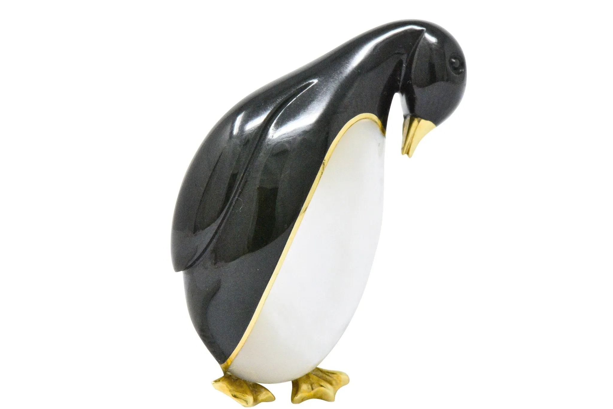 Tiffany & Co. 1970's Black Jade Mother-Of-Pearl 18 Karat Gold Penguin Brooch