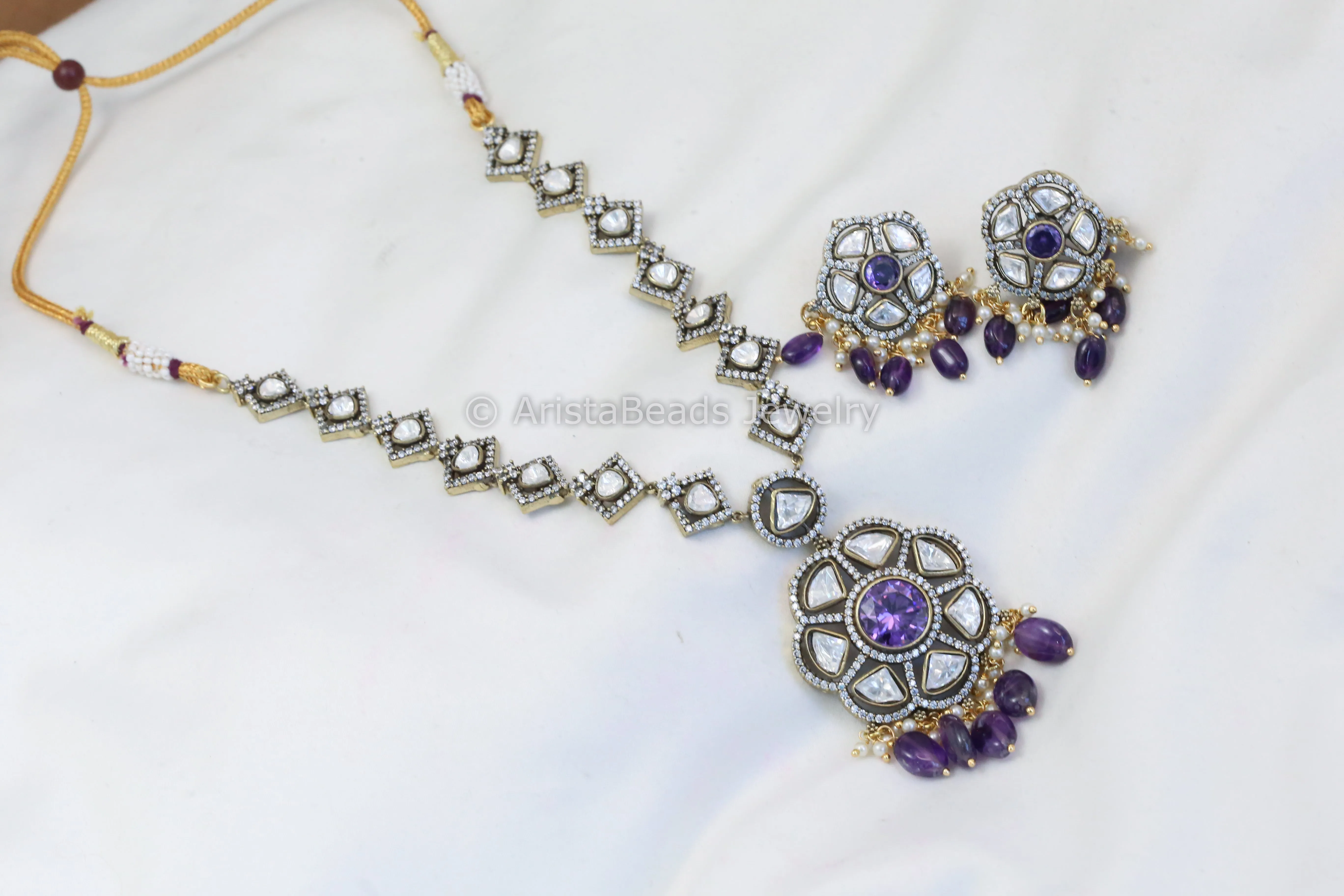 Victorian Uncut Kundan Necklace Set - Purple