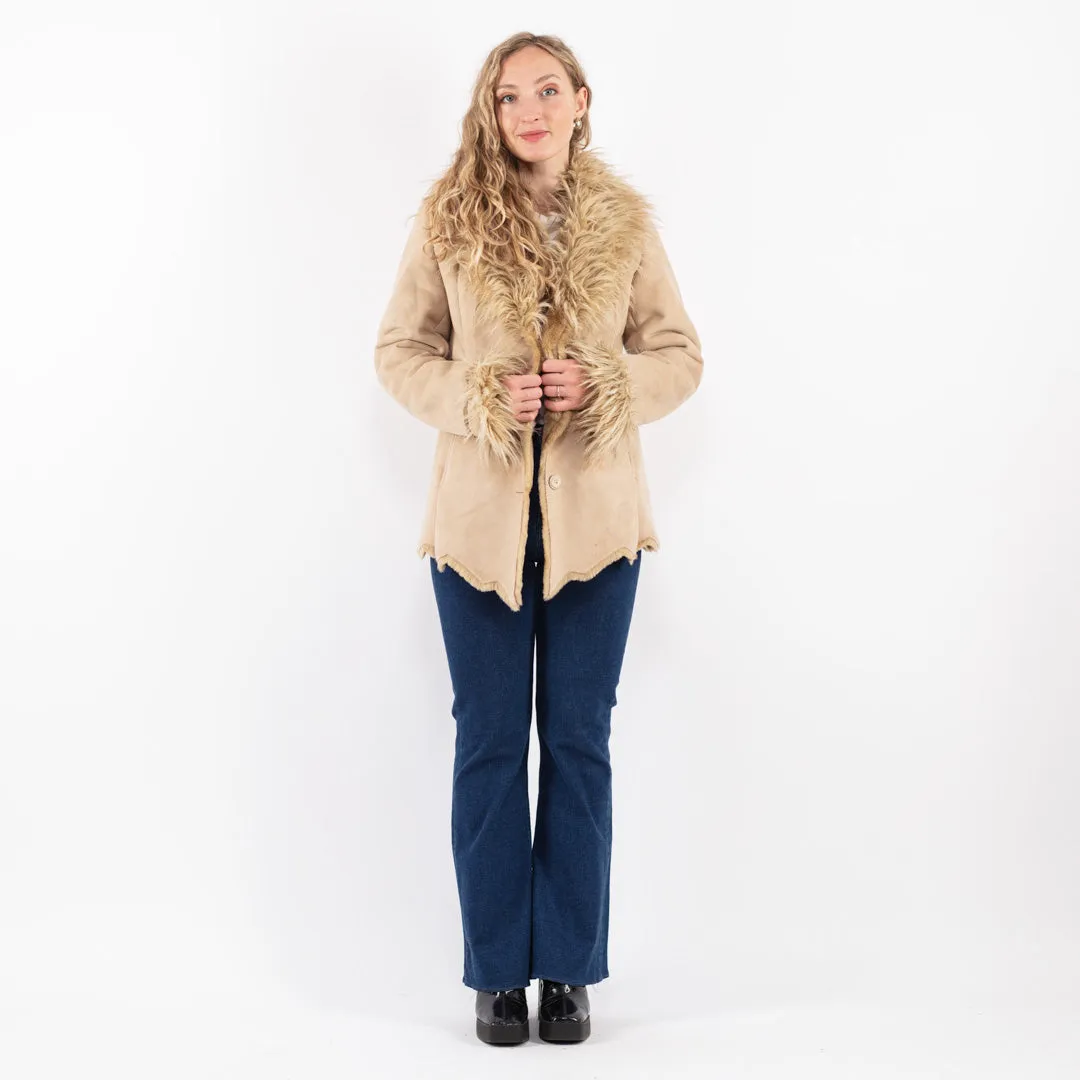 Vintage 90's Women Faux Sheepskin Jacket in Beige