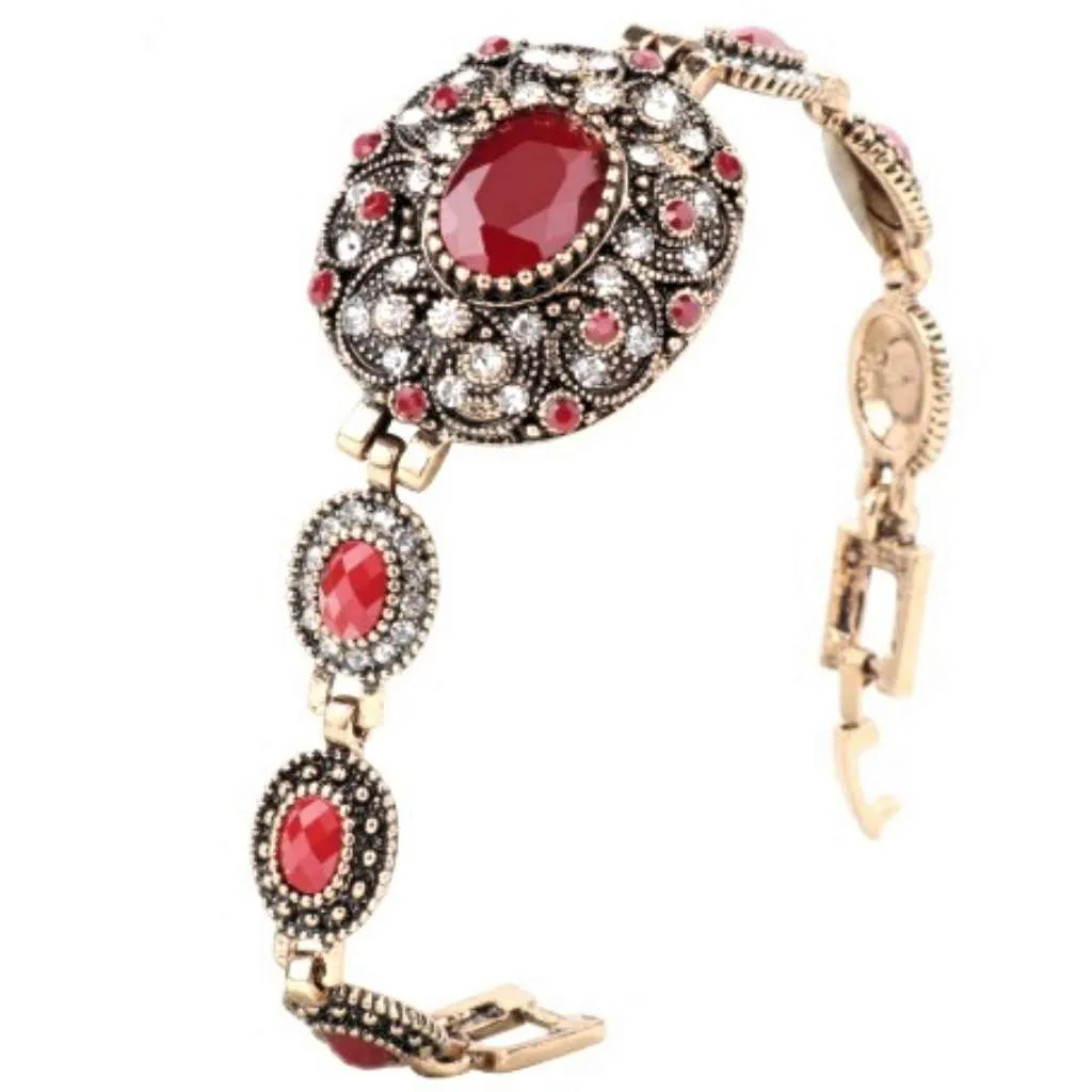 Vintage Gold Link Bracelet with Red Stones